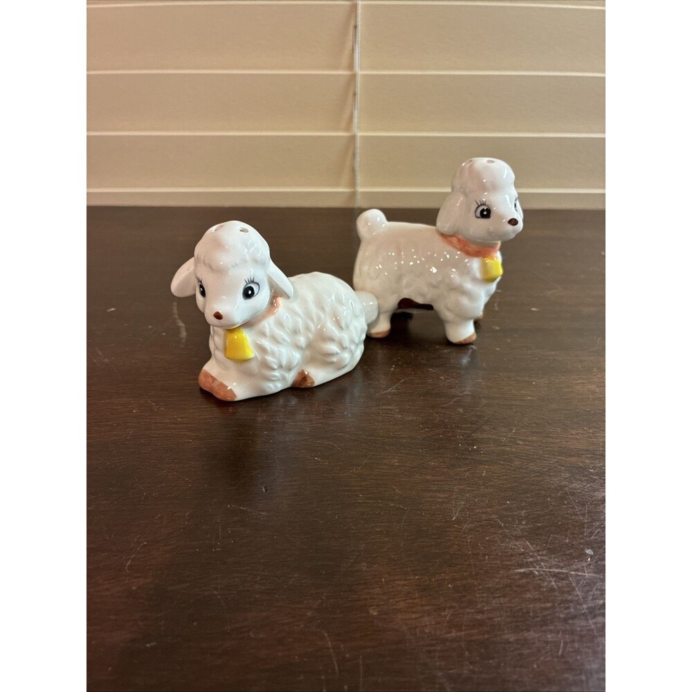Lefton Lamb Salt And Pepper Shakers Red Collars Yellow Bells Sheep Farm Easter